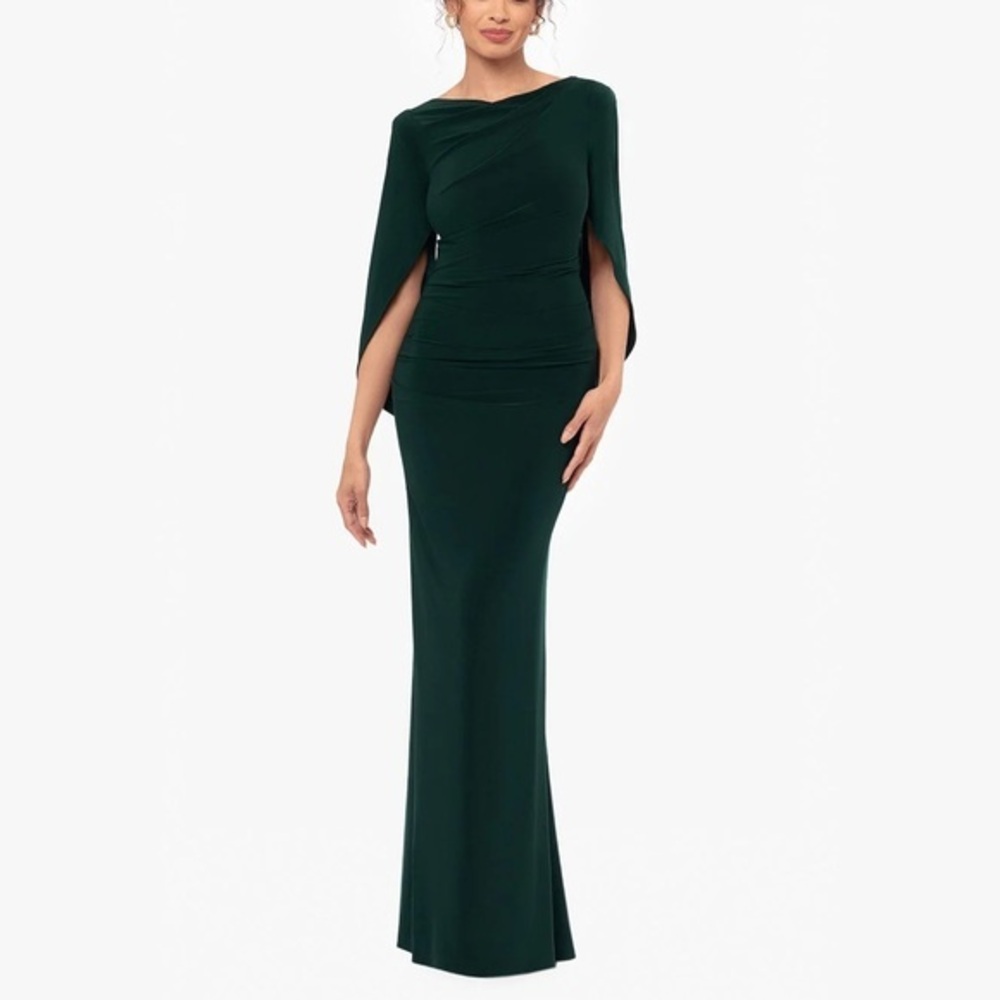 BA Nites Forest Green Cape Formal Dress Maxi Length Wide Neck Women's Size 14